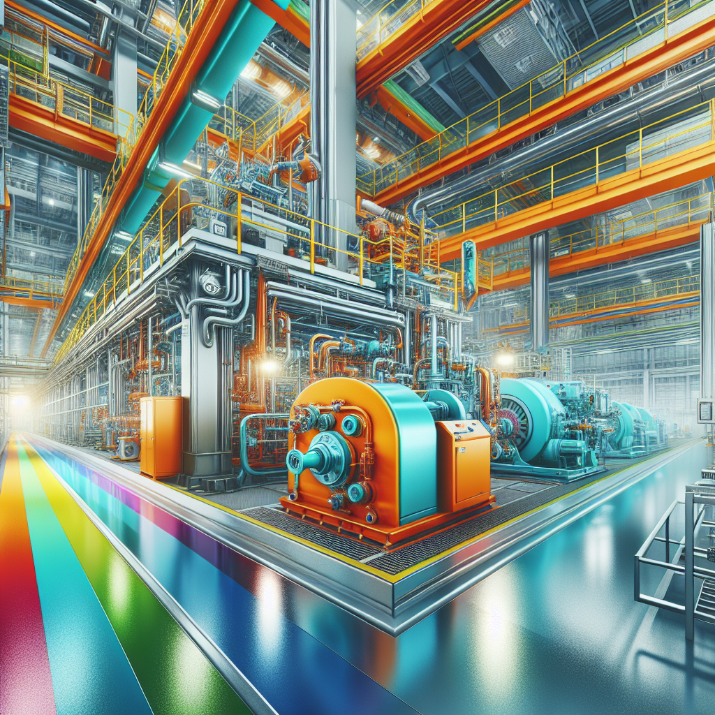 A vibrant factory interior showcasing freshly painted machinery and equipment with protective coatings