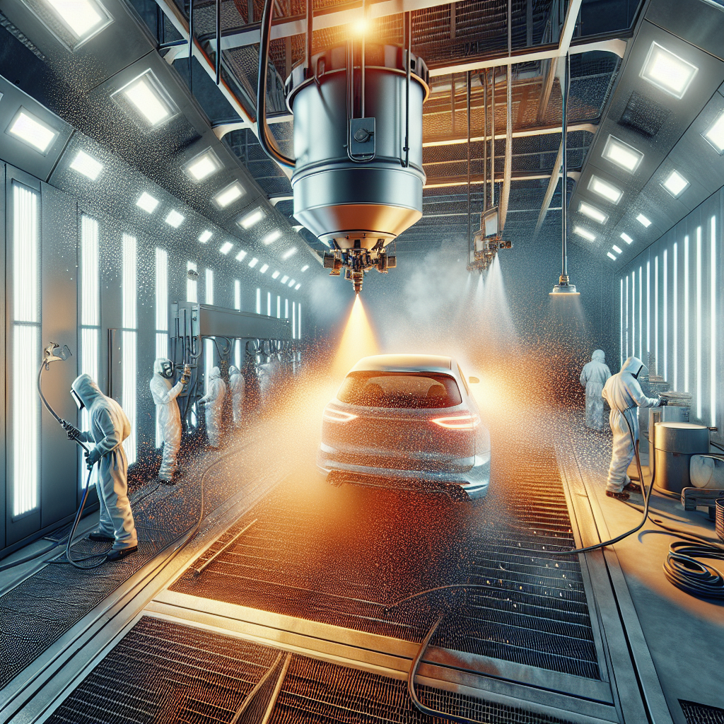 A vibrant industrial spray painting scene in action inside a modern paint booth, showcasing various techniques including sandblasting and powder coating