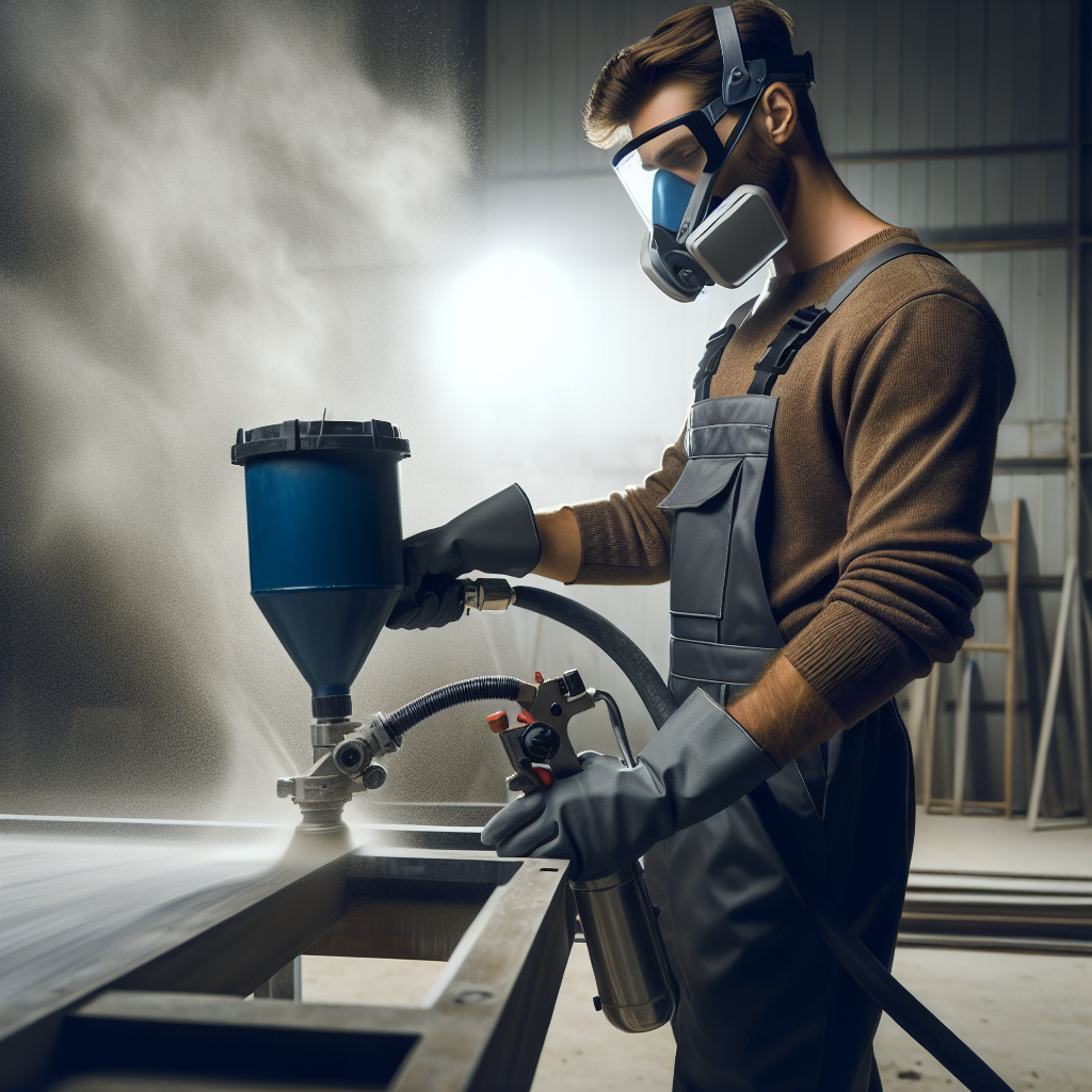 A technician performing sandblasting on metal surfaces in an industrial setting