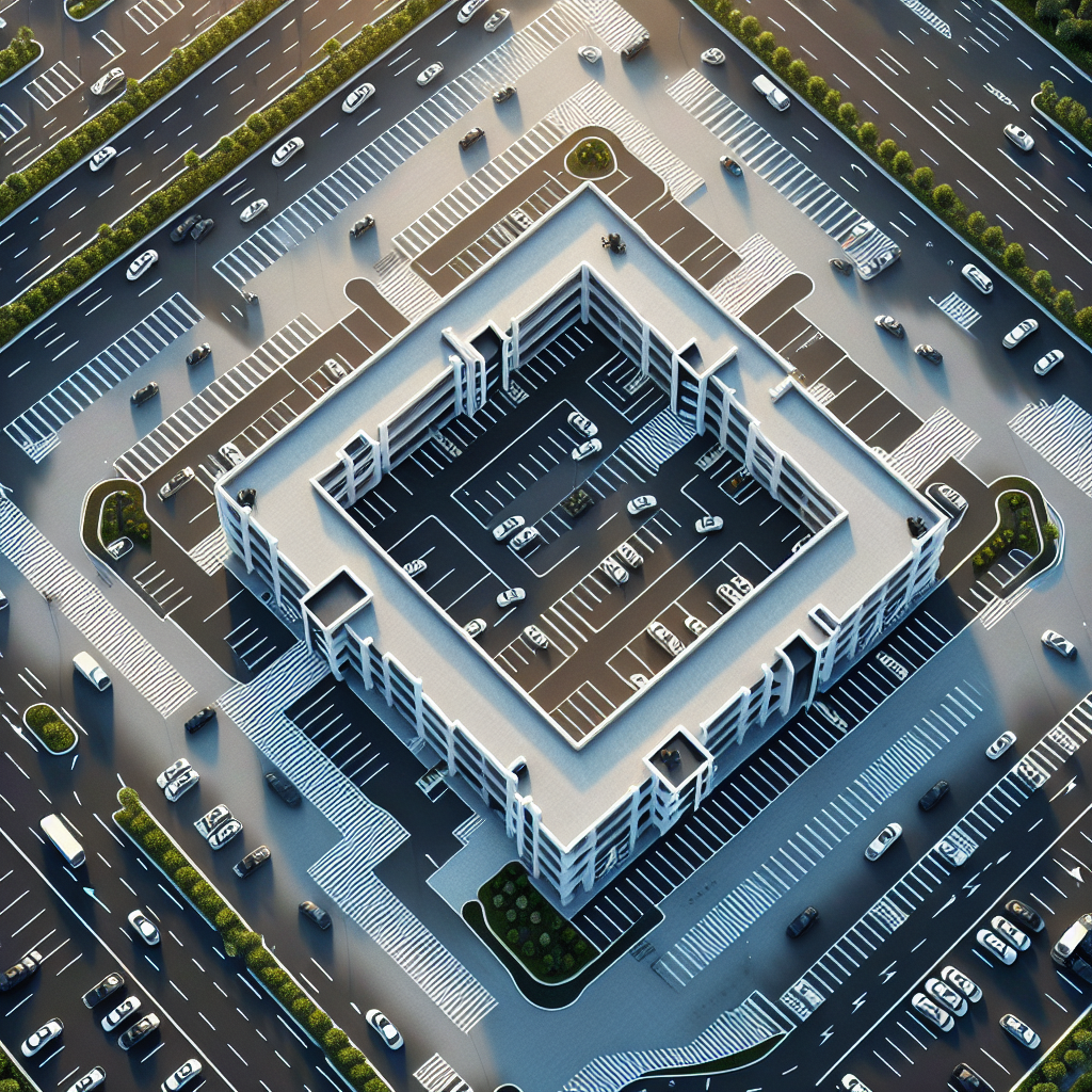 Aerial view of a freshly striped parking lot showing clear lines and designated spaces