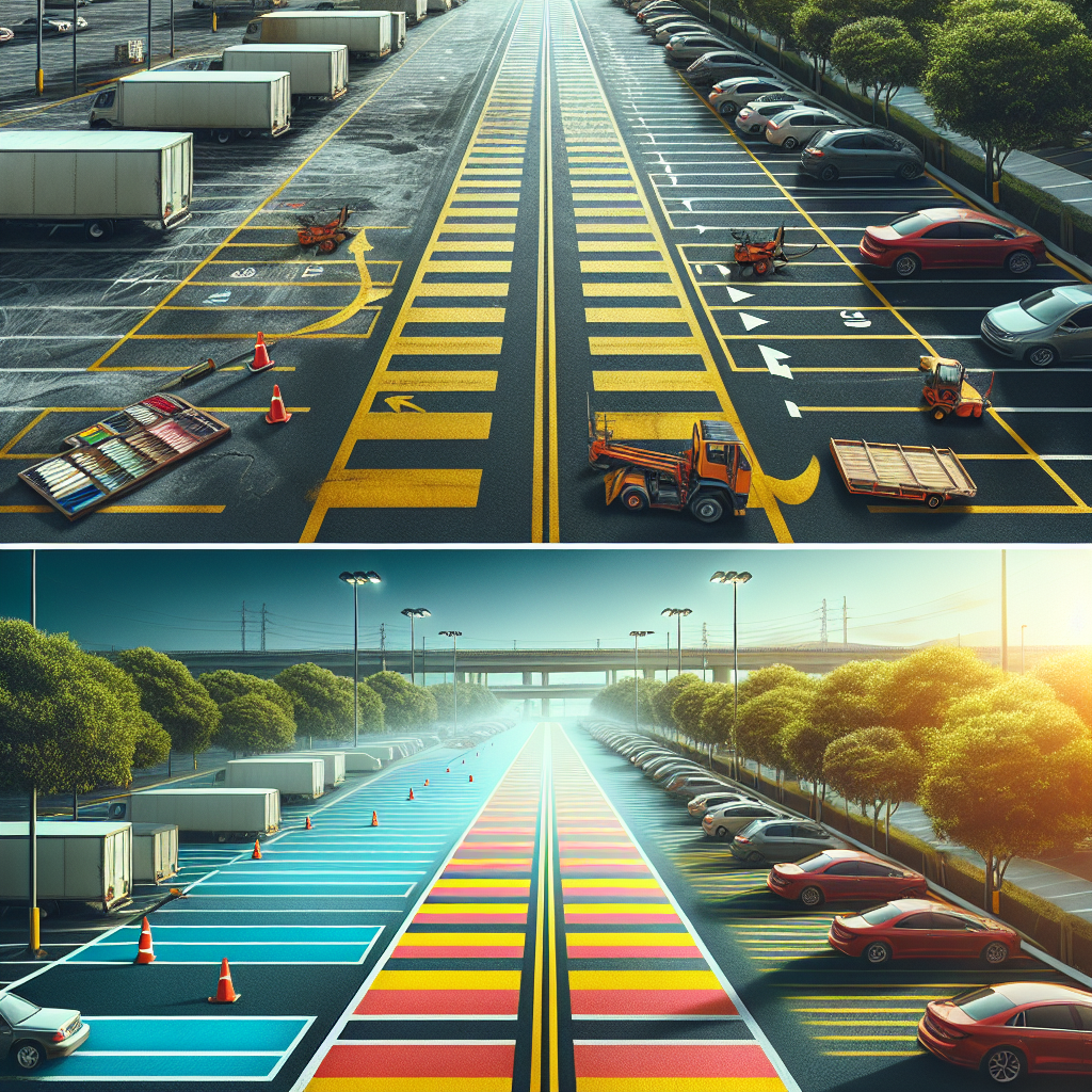 A vibrant parking lot with freshly painted lines and clear markings, showcasing before and after of paint striping work by AB Contracting