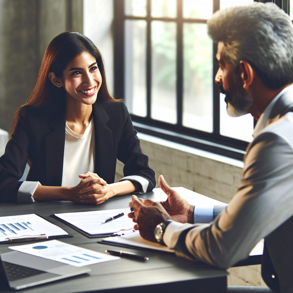 A friendly business consultant discussing strategies with a small business owner in an office setting