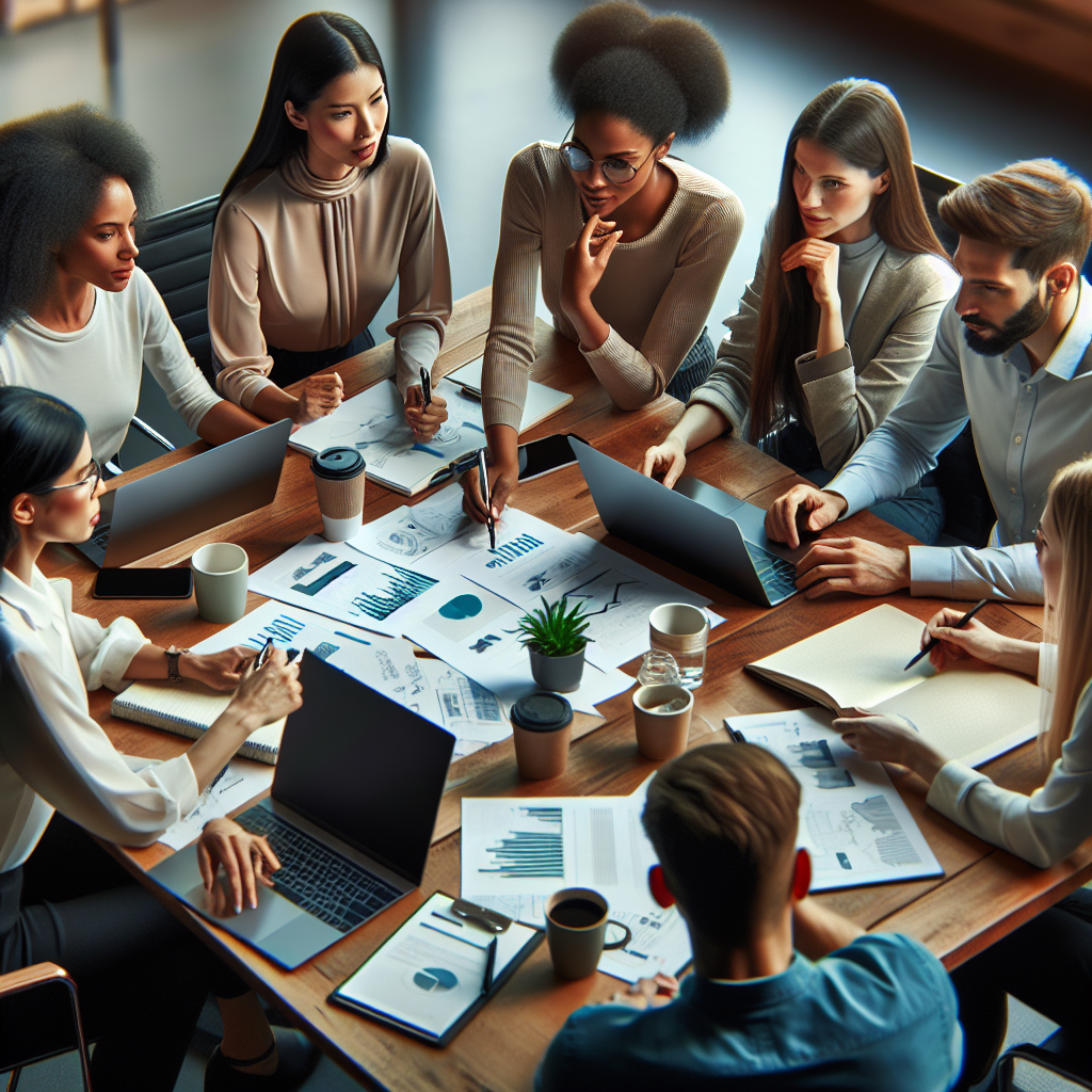 A dynamic team meeting with diverse professionals brainstorming over marketing strategies