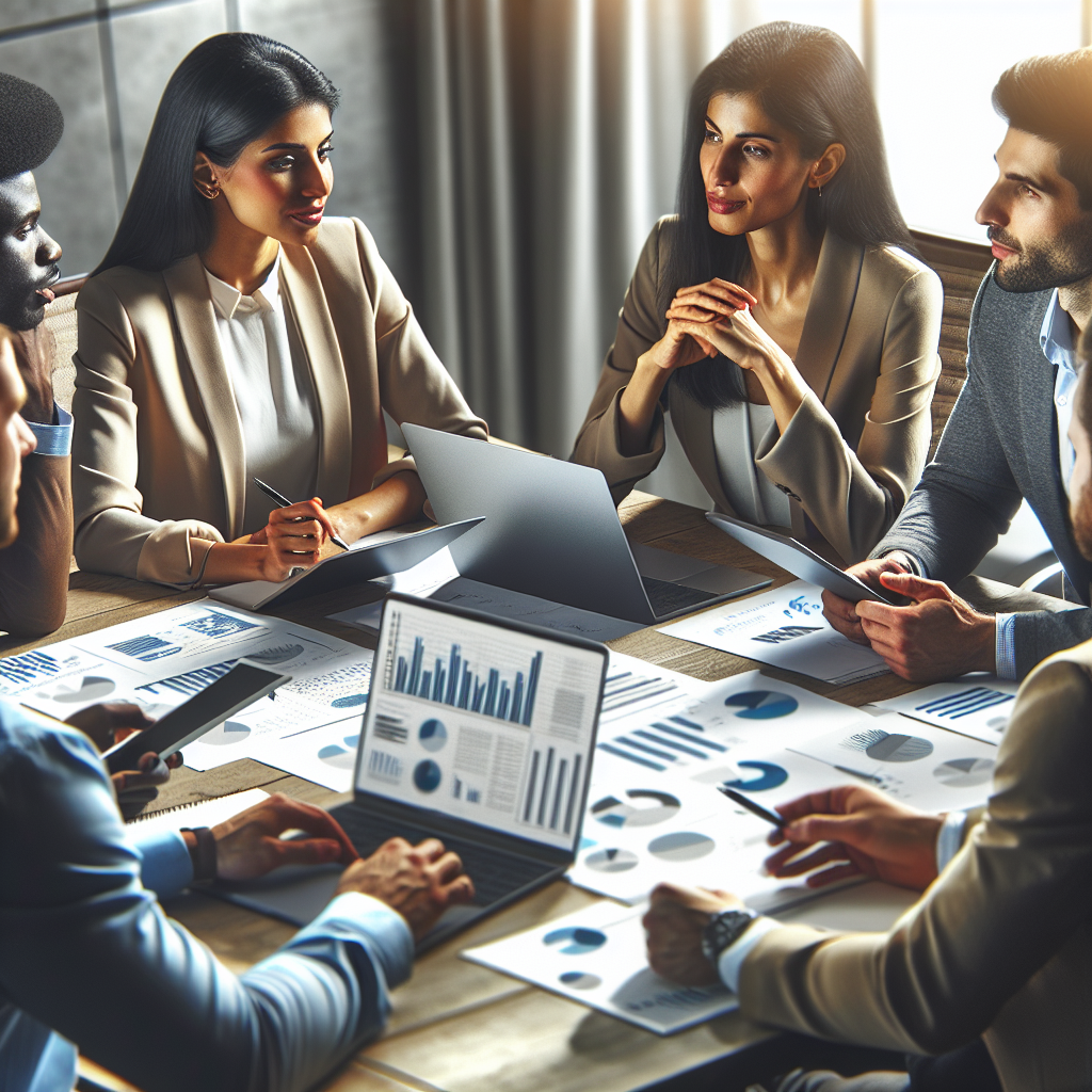 A dynamic team meeting with diverse professionals discussing marketing strategies around a table filled with charts and laptops