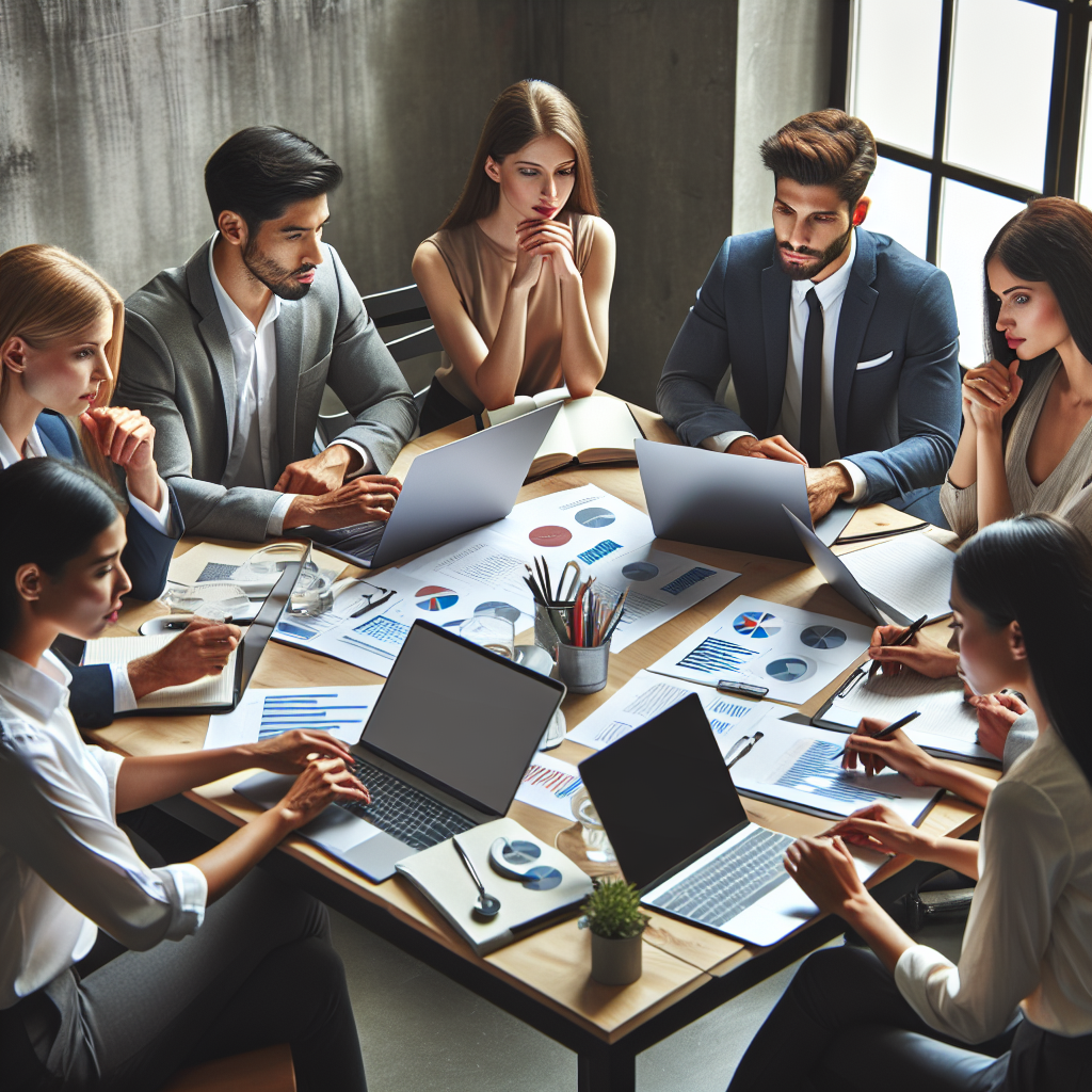A diverse group of marketing consultants brainstorming strategies around a table with laptops and charts