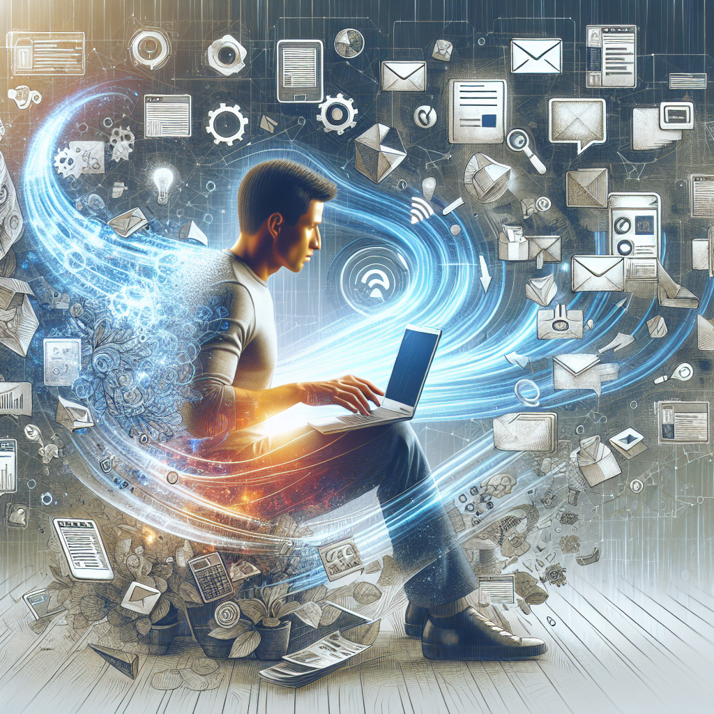 A small business owner using an AI tool on their laptop while surrounded by digital marketing materials like social media posts and email templates