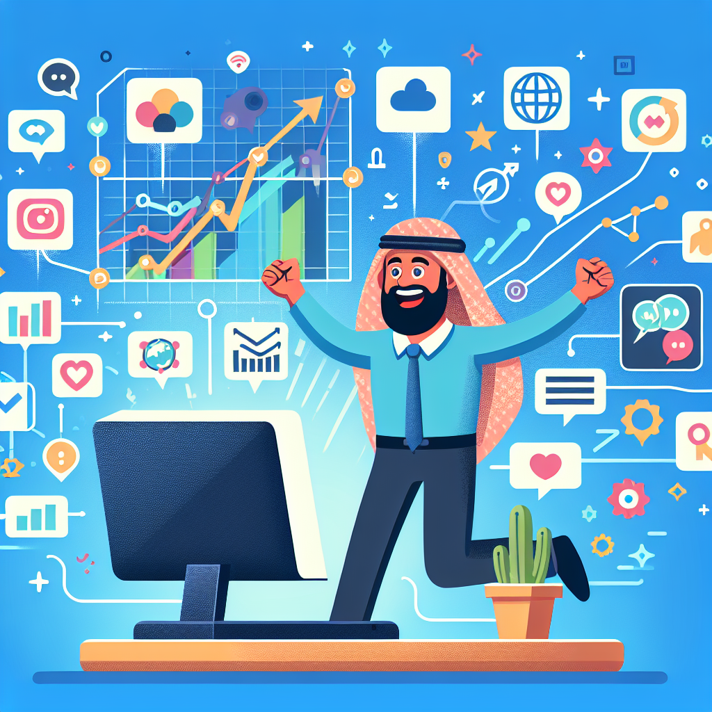 A vibrant illustration showing a small business owner engaging with various social media platforms on a computer screen, surrounded by icons representing analytics and growth