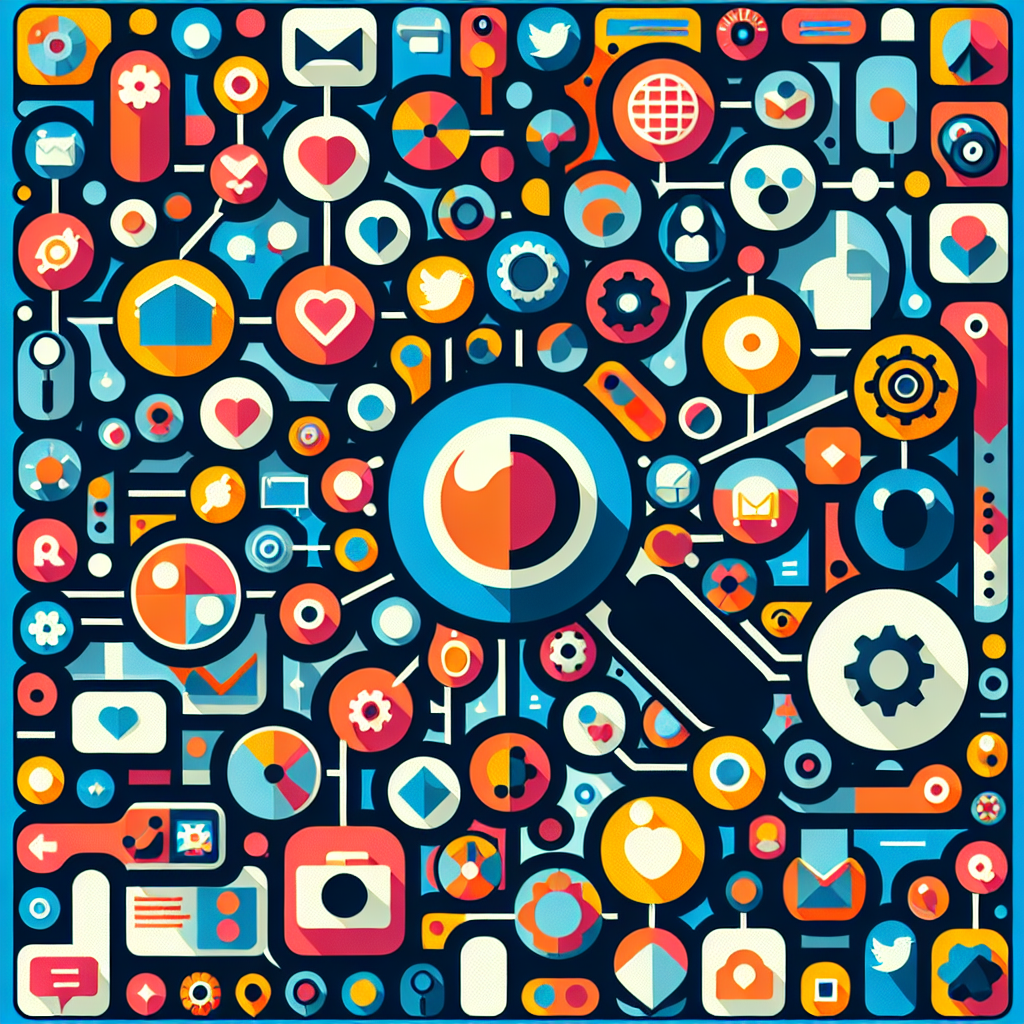 A vibrant illustration showing various social media icons interconnected with a magnifying glass symbolizing search functionality