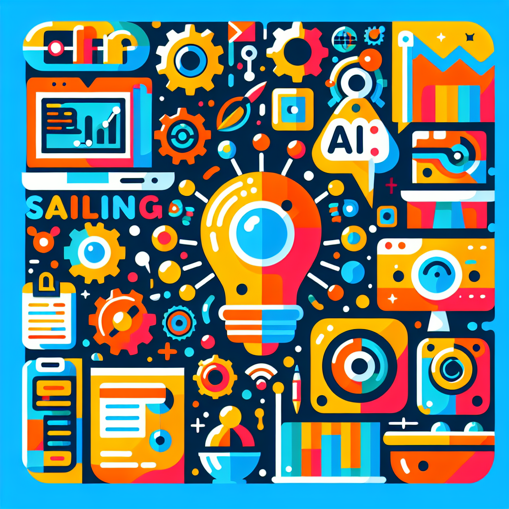 A vibrant illustration showcasing various AI marketing tools like HubSpot, Mailchimp, Canva with visual icons representing automation, analytics, and content creation