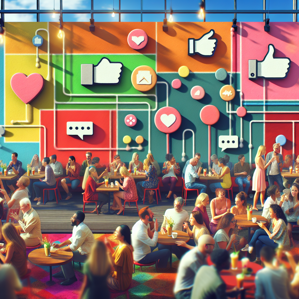 A vibrant coffee shop filled with happy customers enjoying seasonal drinks, with social media icons floating around representing engagement