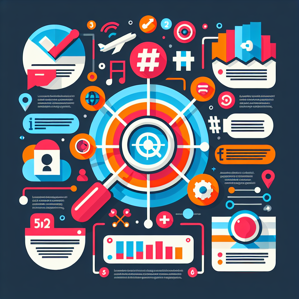 A vibrant infographic illustrating social media search optimization strategies including keyword tracking, hashtag usage, and advanced search techniques