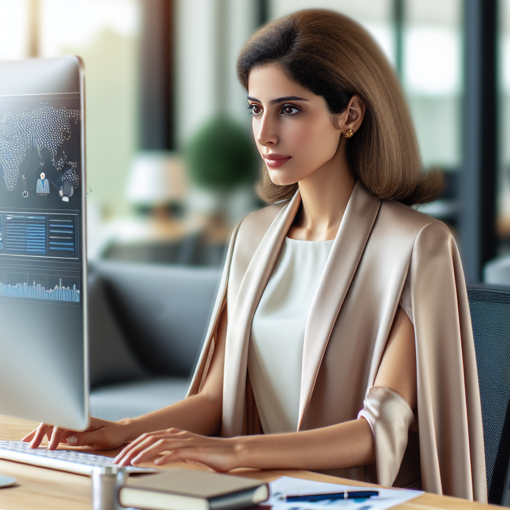 A small business owner using AI tools for marketing strategies in a modern office setting