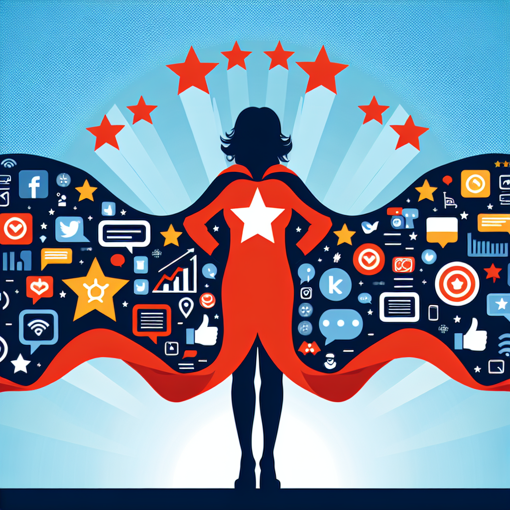 A superhero cape with digital symbols representing online reputation management, such as stars for reviews, thumbs up for customer feedback, and social media icons