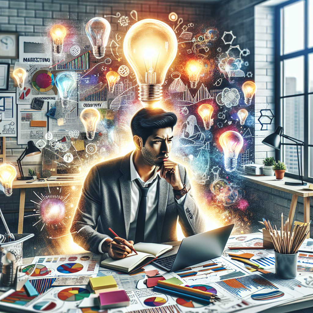 A creative small business owner brainstorming unconventional marketing strategies in a vibrant office space