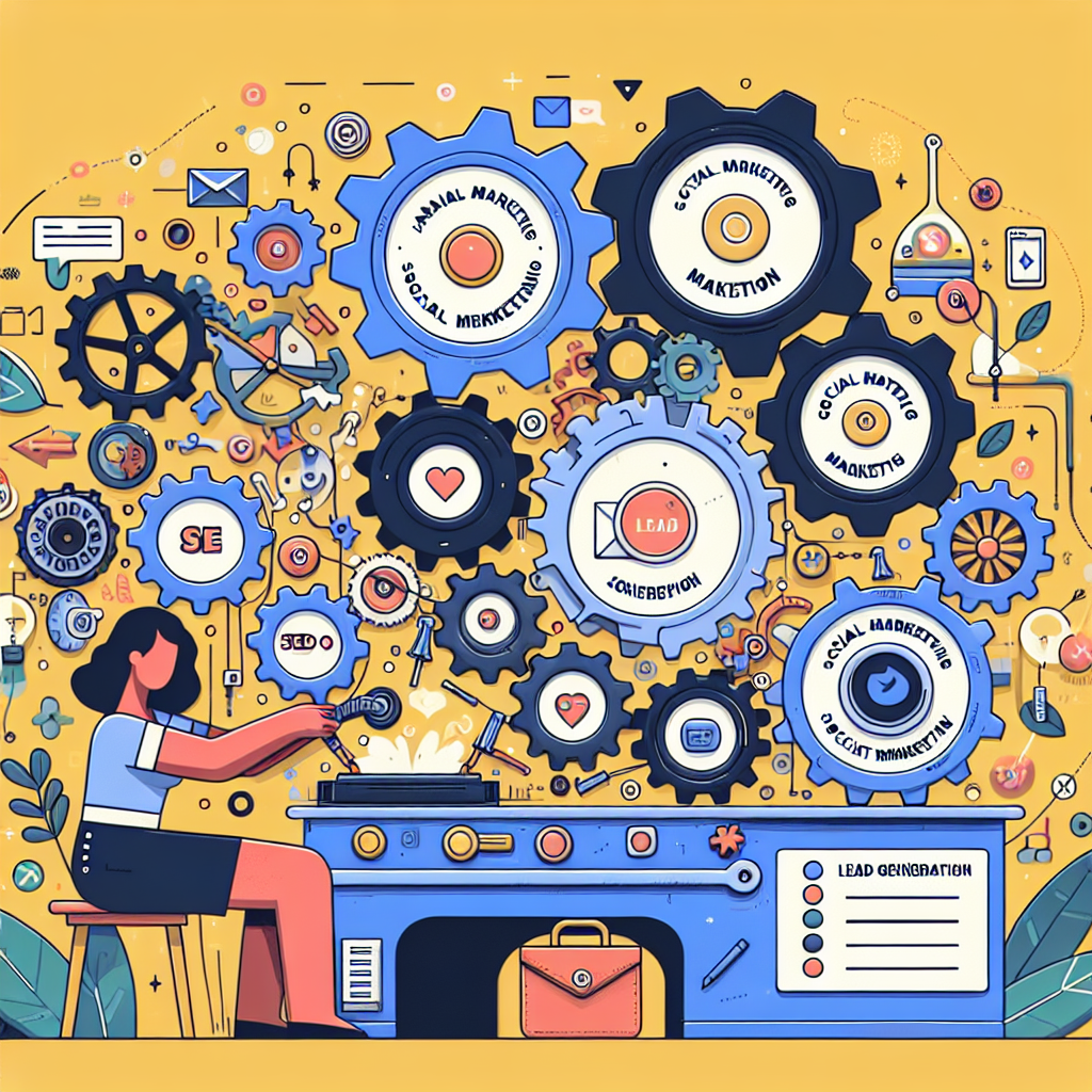A whimsical illustration of a small business owner building a lead generation machine with gears labeled 'SEO', 'Email Marketing', 'Social Media', and 'Content Marketing'. The background features elements representing various digital marketing channels.