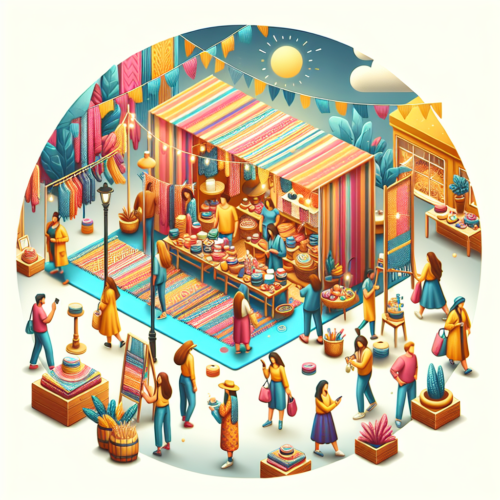A vibrant pop-up shop showcasing an artisan's products with people engaging in activities and taking photos