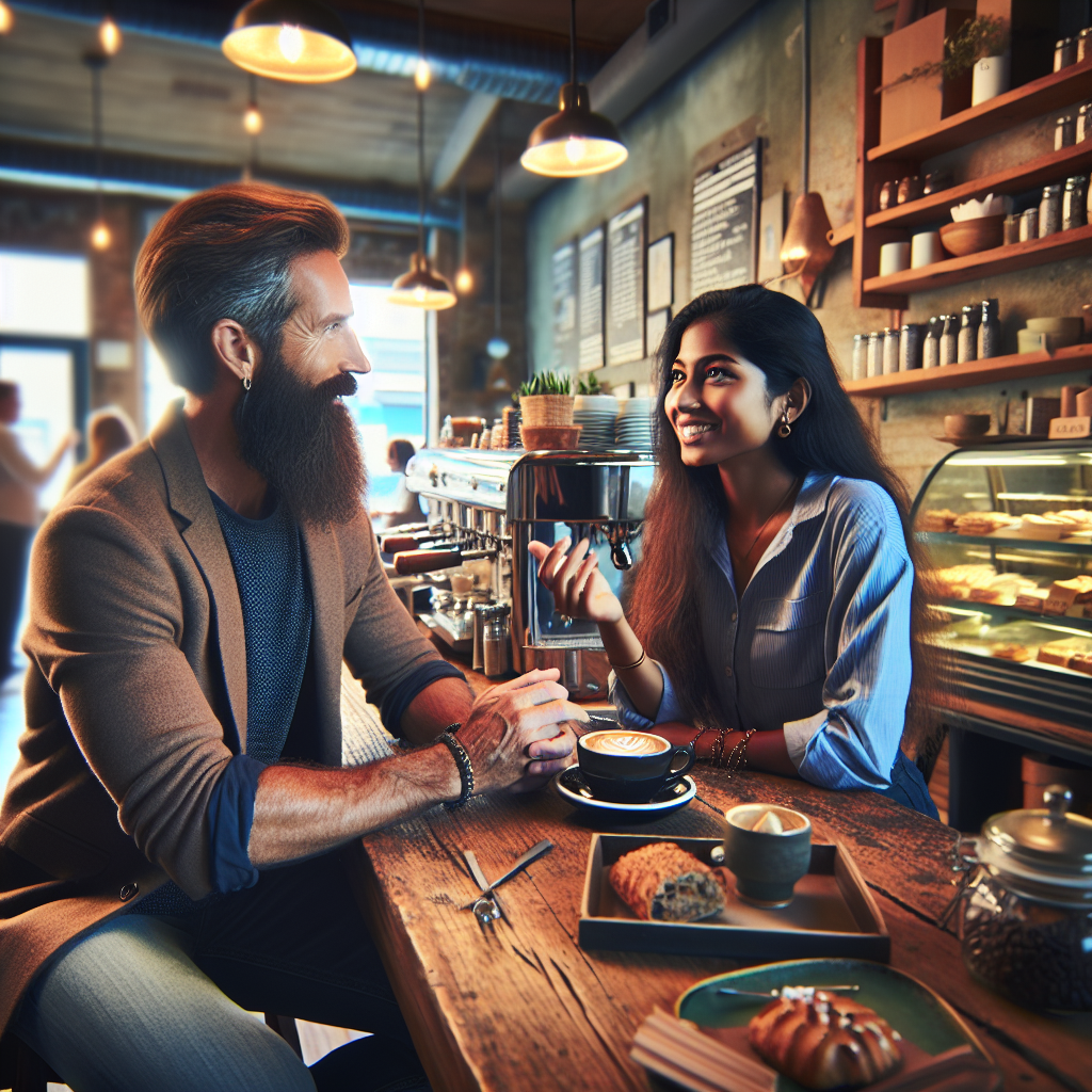 A vibrant scene depicting a small business owner collaborating with a micro-influencer in a cozy coffee shop setting