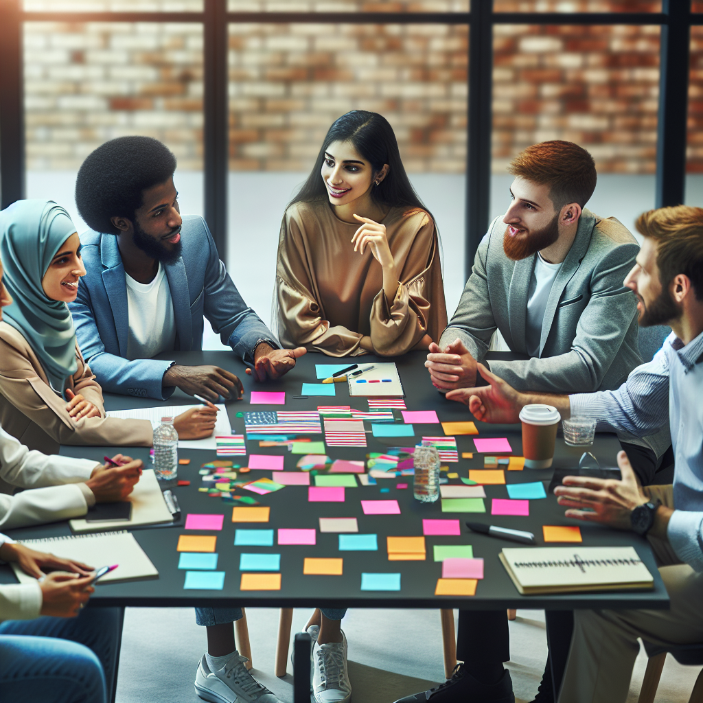 A creative brainstorming session for a viral marketing campaign featuring diverse team members discussing ideas over colorful sticky notes