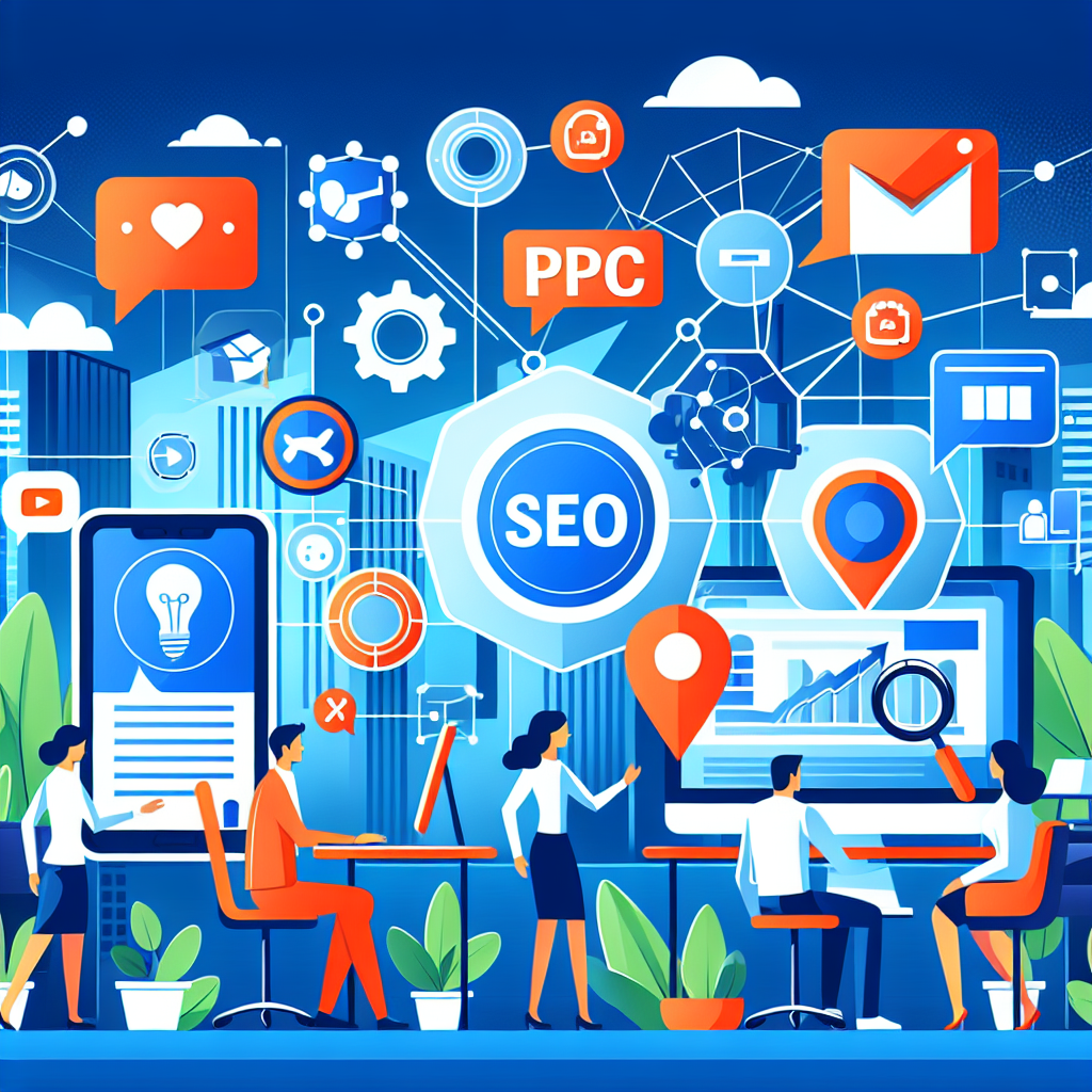 A dynamic illustration showing various digital marketing tools like SEO, PPC ads, and social media icons working together in a vibrant office setting