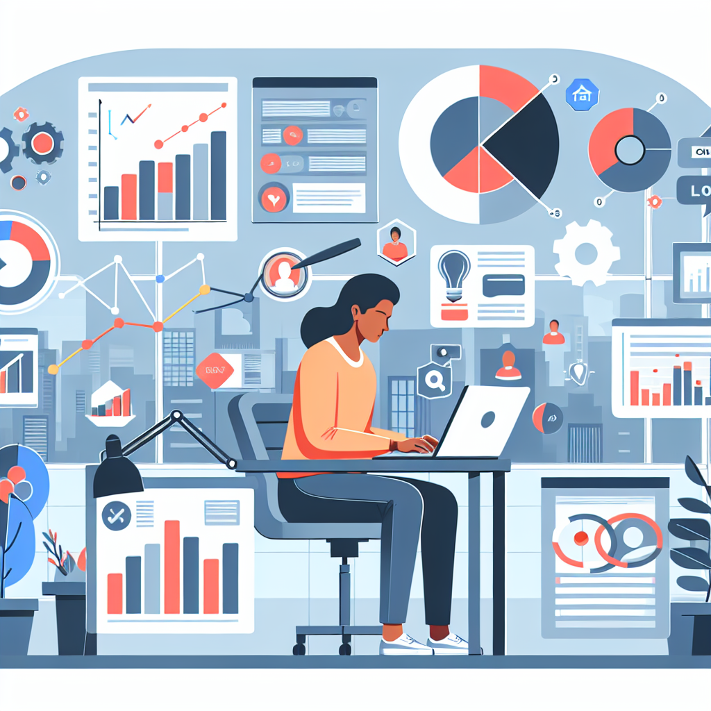 A vibrant illustration of a small business owner analyzing customer data on a laptop, surrounded by charts and graphs depicting lead generation metrics