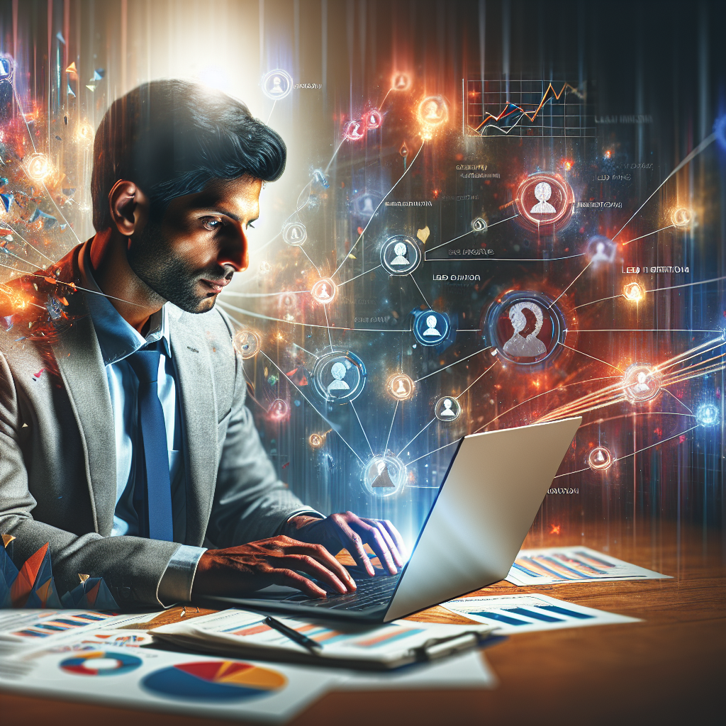 A small business owner analyzing data on a laptop while brainstorming lead generation strategies with colorful charts and graphs around them.