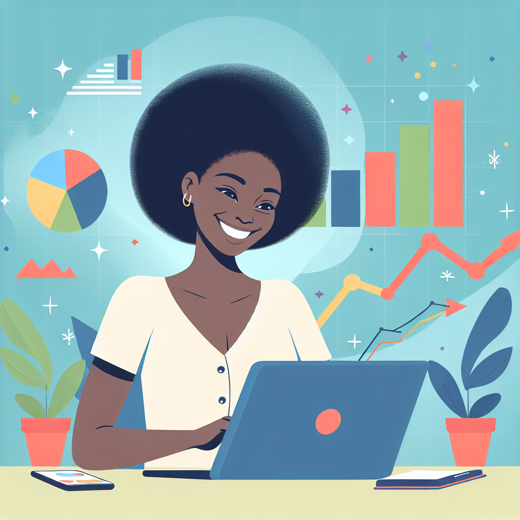 A vibrant illustration of a small business owner happily managing their email marketing campaign on a laptop, surrounded by charts and graphs showing growth