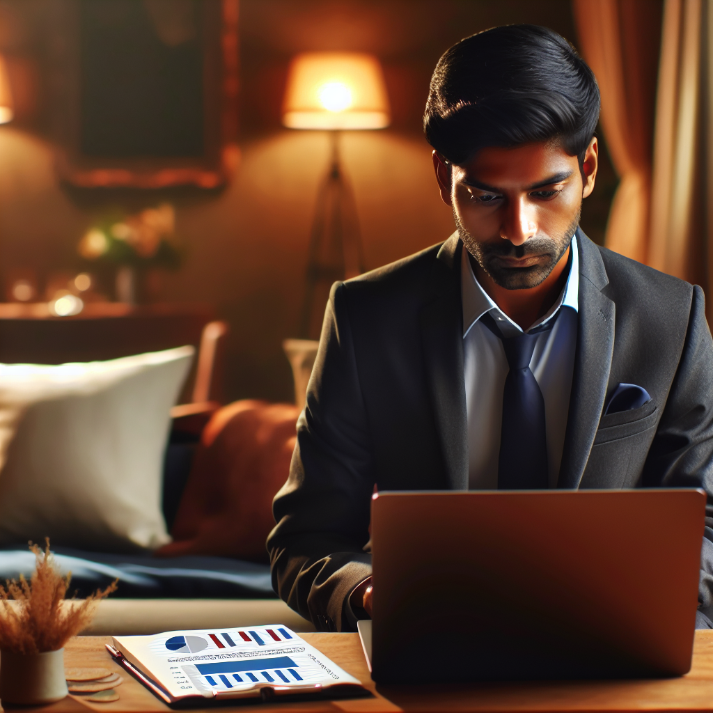 A small business owner analyzing PPC campaign data on a laptop in a cozy office setting