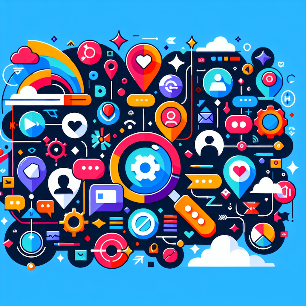 A vibrant illustration showing various social media icons connected by arrows representing search functionality and engagement