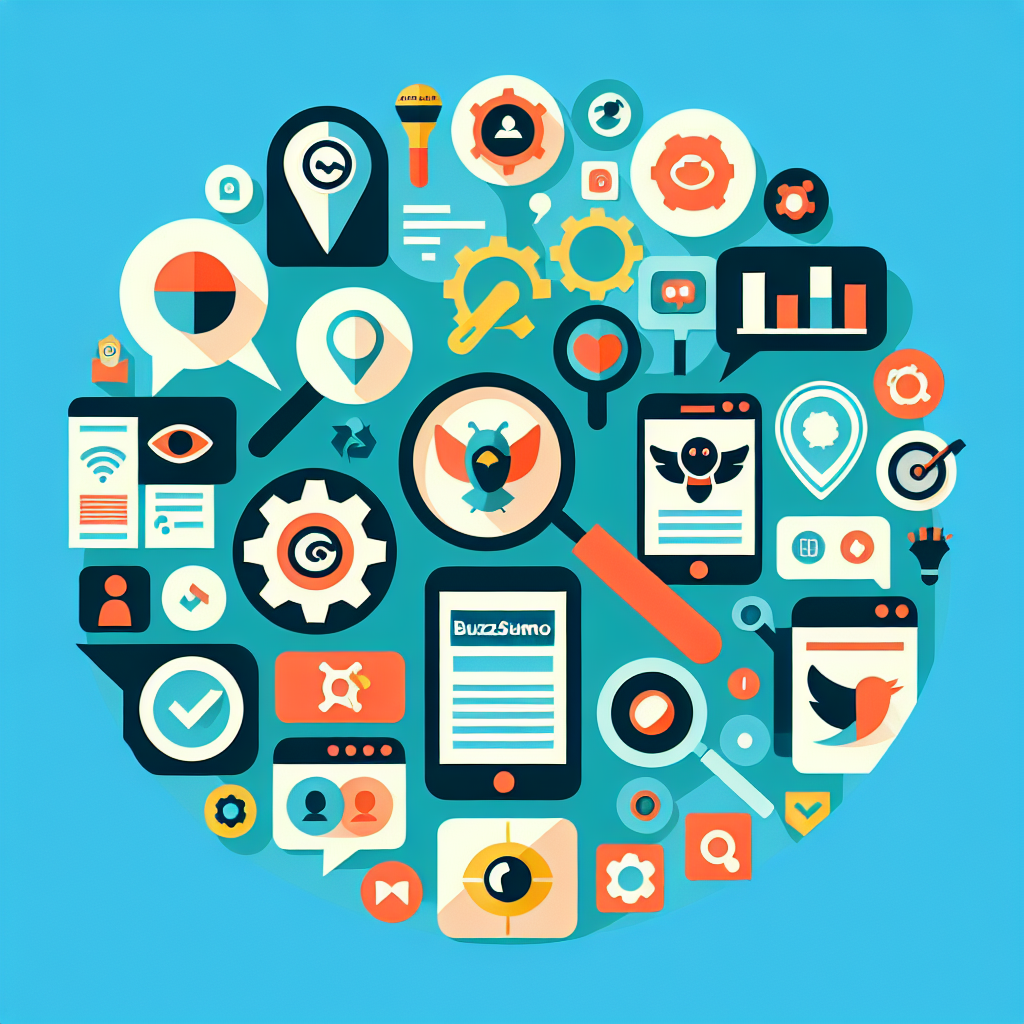 A collage of popular social media search tools like Hootsuite, BuzzSumo, Brandwatch with icons representing their features