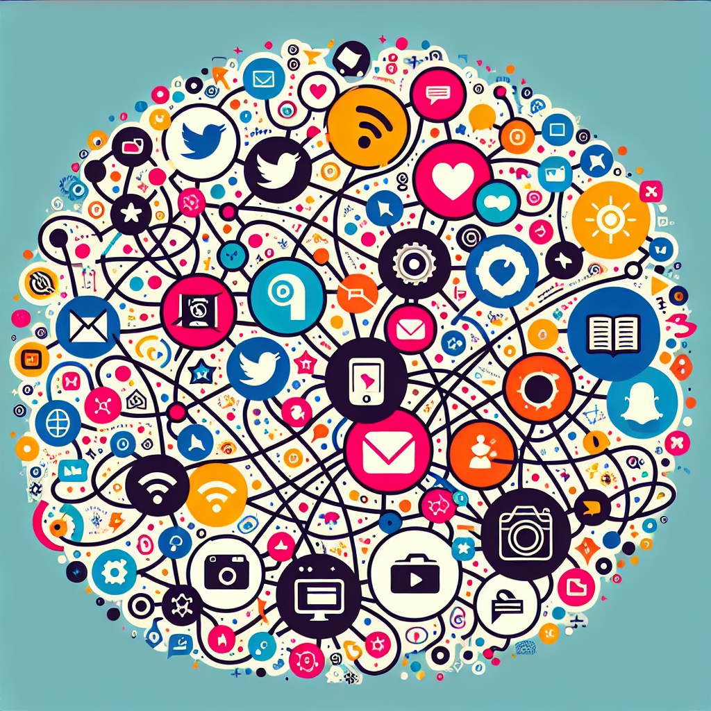 A vibrant illustration showing various social media icons connected by lines representing engagement and analytics