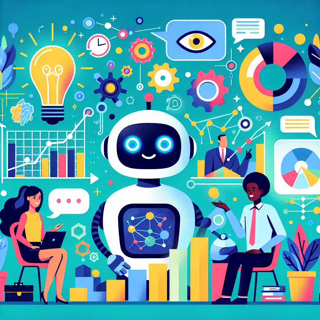 A vibrant illustration showing various AI technologies in marketing like chatbots, predictive analytics graphs, and machine learning algorithms interacting with small business owners.