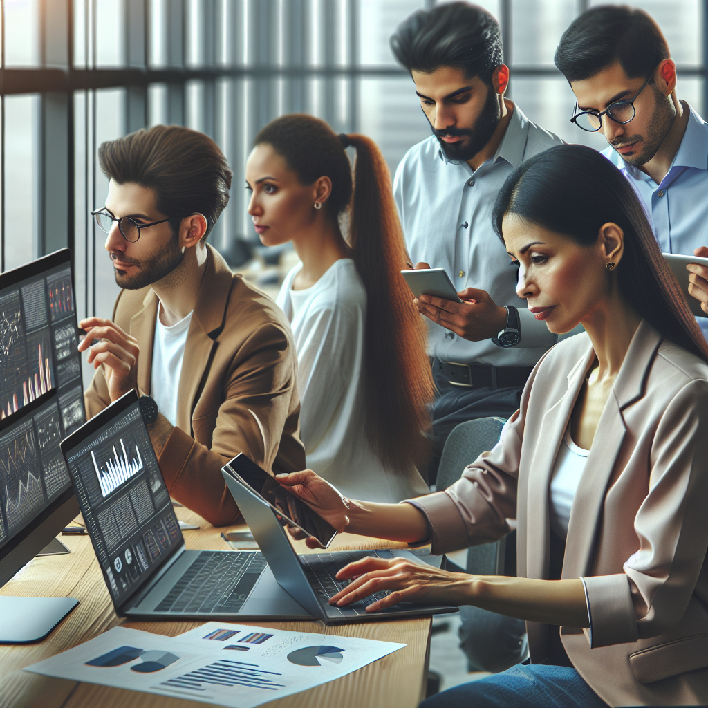 A modern office setting where a diverse team collaborates on digital marketing strategies using advanced technology and data analytics tools