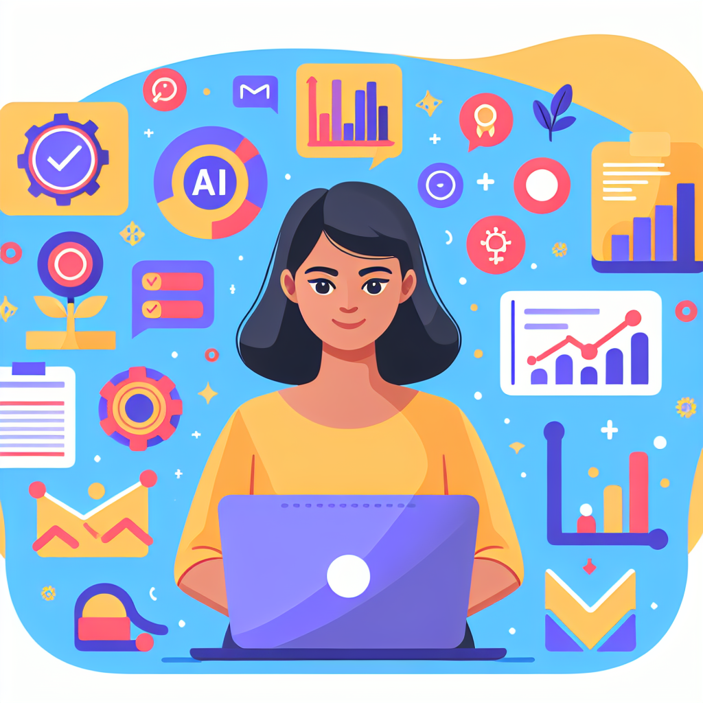A vibrant illustration of a small business owner using various AI marketing tools on their laptop, surrounded by charts and graphs indicating growth