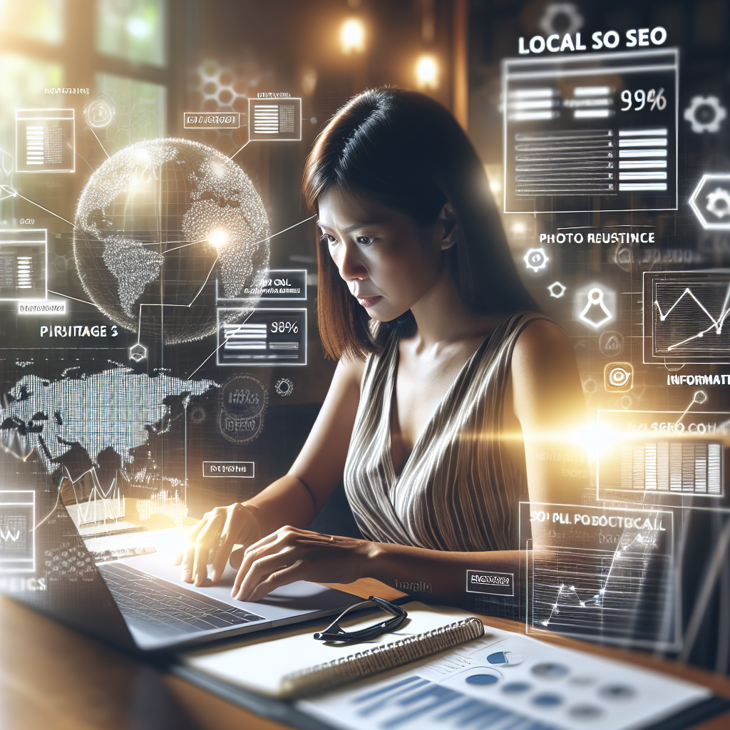 A small business owner analyzing local SEO package pricing on a laptop with charts and graphs around