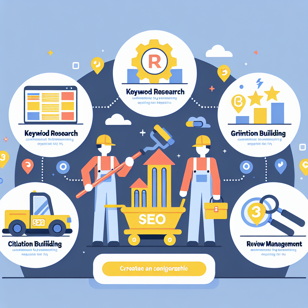 An infographic illustrating the components of local SEO services including keyword research, Google My Business optimization, citation building, and review management