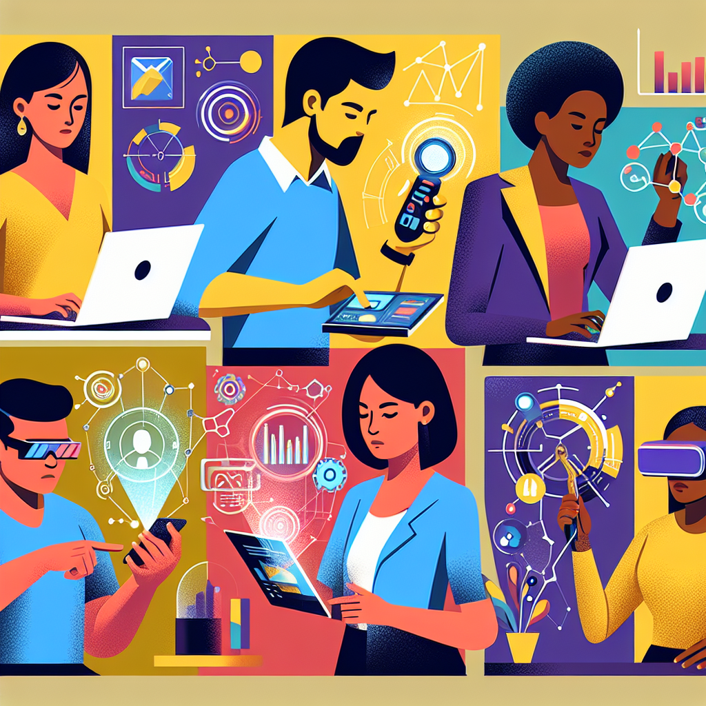 A vibrant illustration of small business owners using AI tools for marketing, showcasing diverse entrepreneurs engaged with digital devices and data analytics