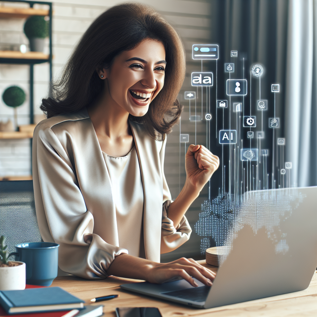 A small business owner happily using various AI tools on a laptop in a cozy office setting
