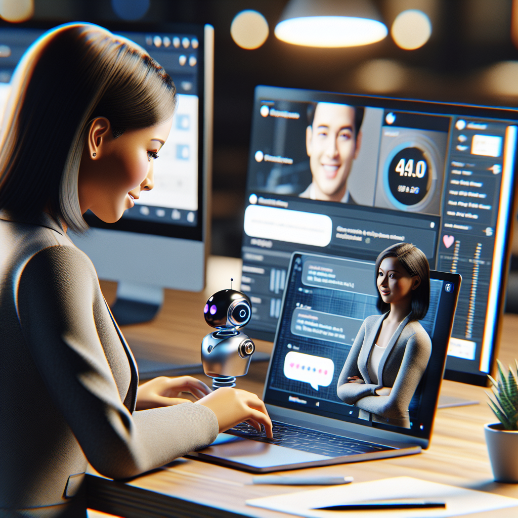 A small business owner interacting with customers through an engaging chatbot interface on a laptop while analyzing social media metrics displayed on another screen