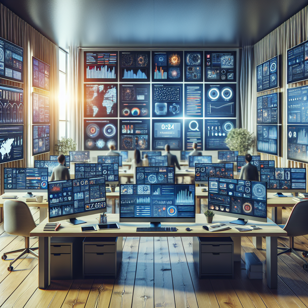 A creative workspace featuring various AI marketing tools on screens, showcasing analytics dashboards and social media management interfaces.