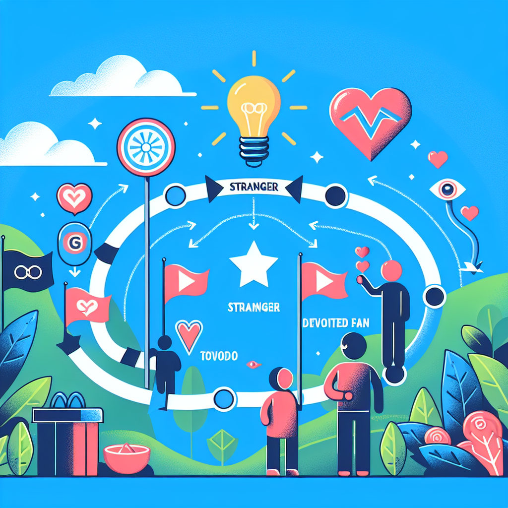 A vibrant illustration depicting a customer value journey map with various stages represented visually, showcasing transformations from stranger to loyal fan