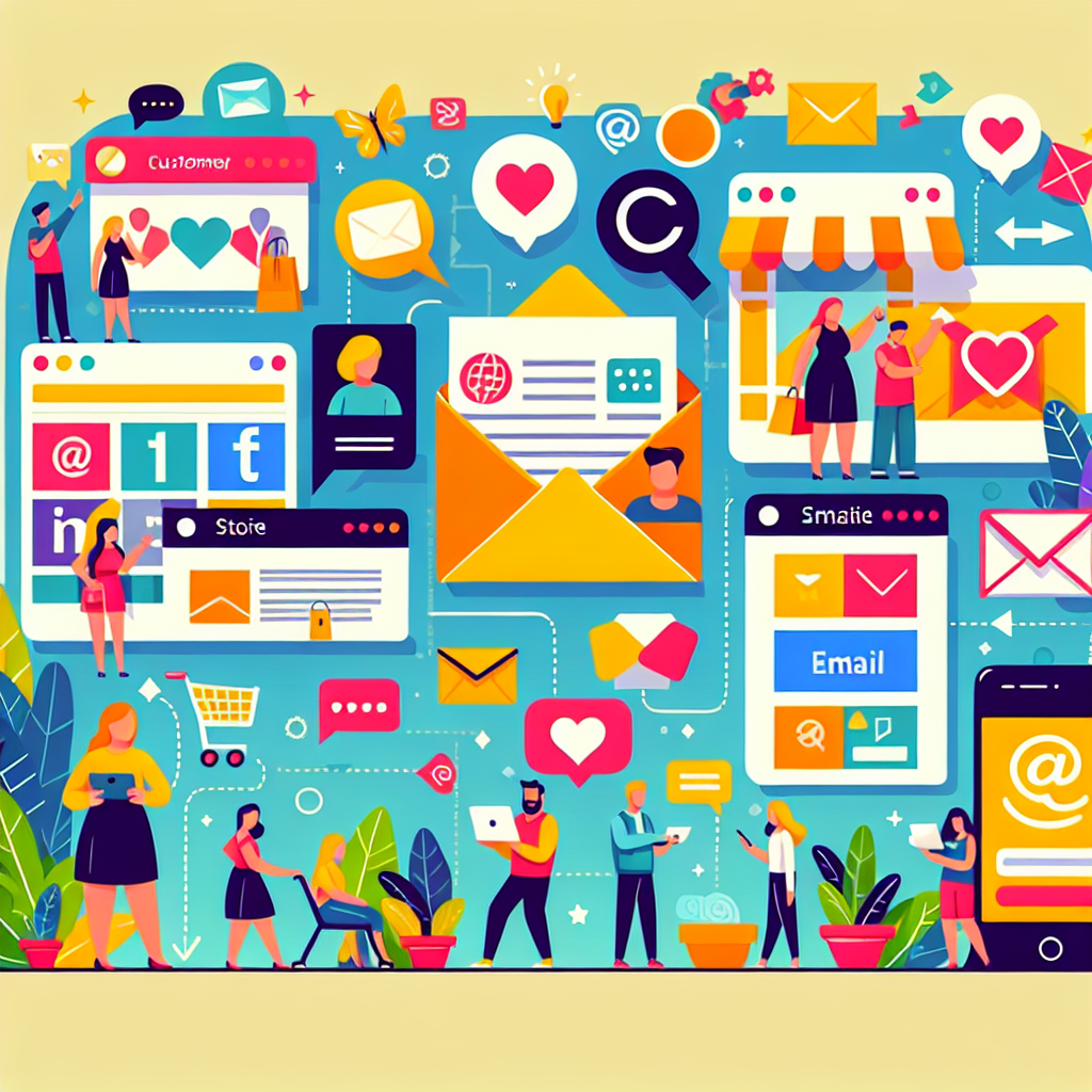 A vibrant illustration depicting various customer journey touchpoints like social media, email communication, in-store experience, and website interaction