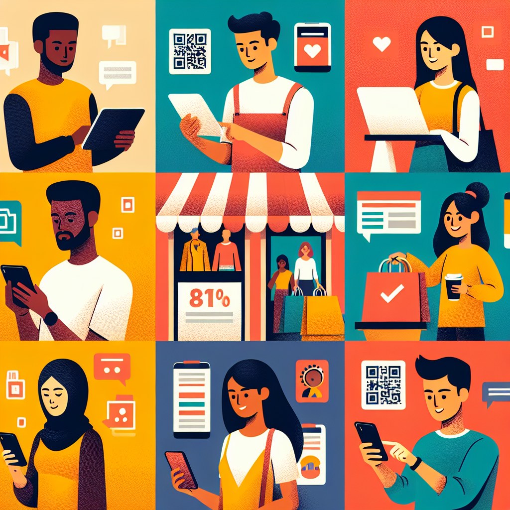 A vibrant illustration showing diverse people engaging with various digital devices while shopping online and offline, showcasing brand loyalty programs