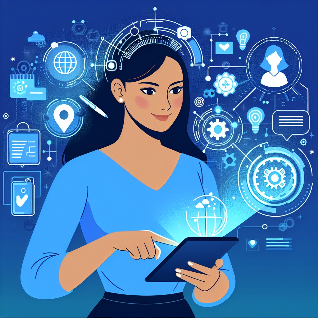 A vibrant illustration of a small business owner using AI tools for marketing