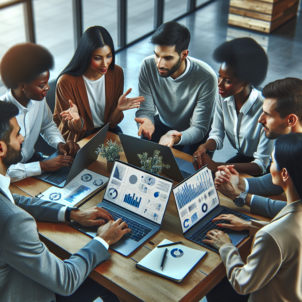 A modern office setting with a team brainstorming over laptops, displaying graphs and charts related to AI marketing solutions