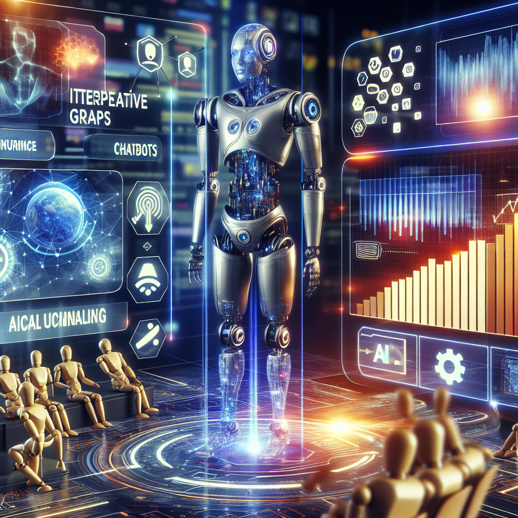 A futuristic digital marketing scene showcasing AI technology in action, with graphs, chatbots, and personalized content delivery systems