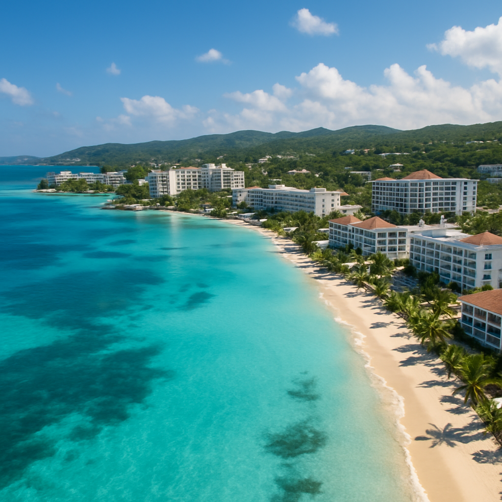 A picturesque view of Montego Bay with clear blue waters and luxurious resorts