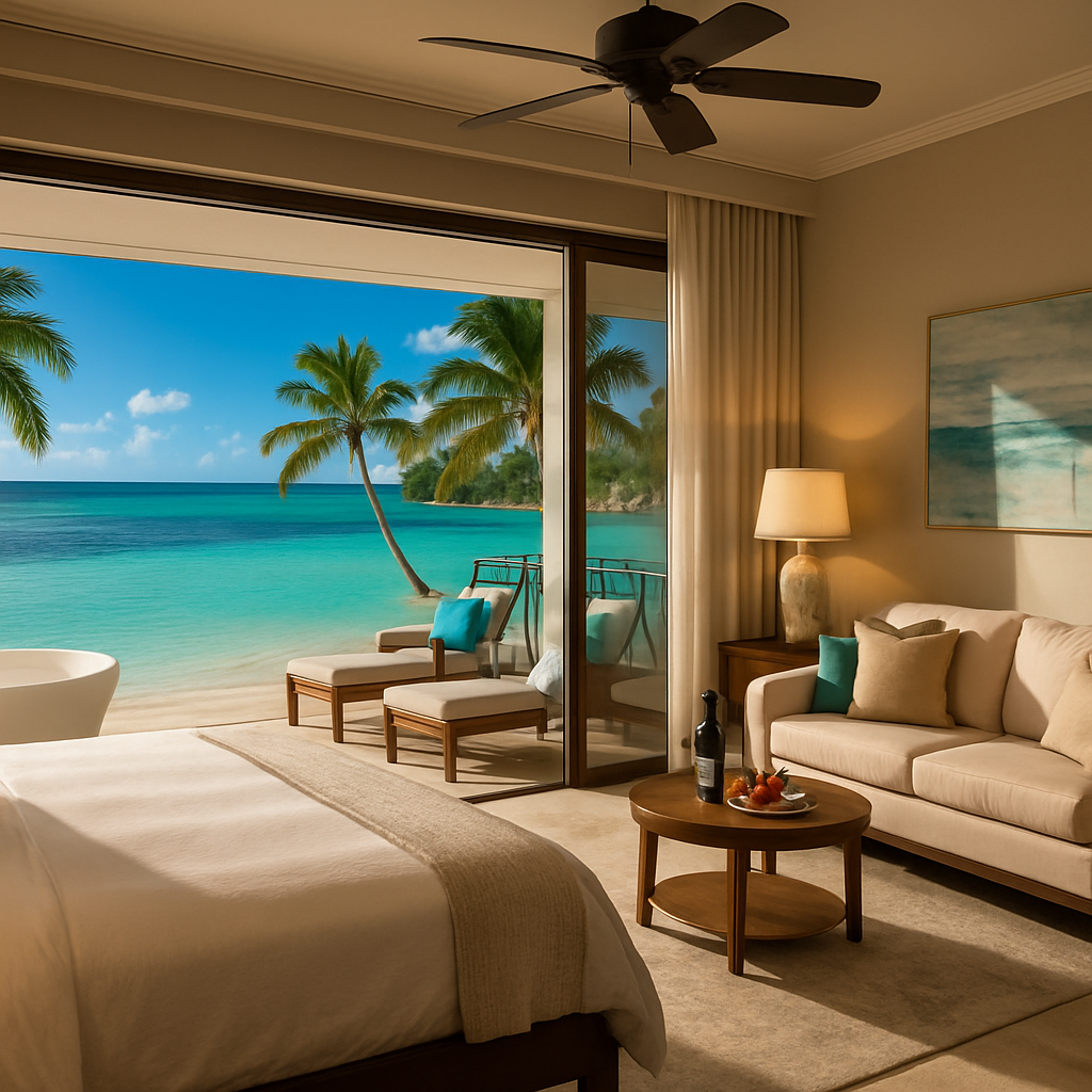 A luxurious beachfront suite at Sandals Montego Bay overlooking clear blue waters