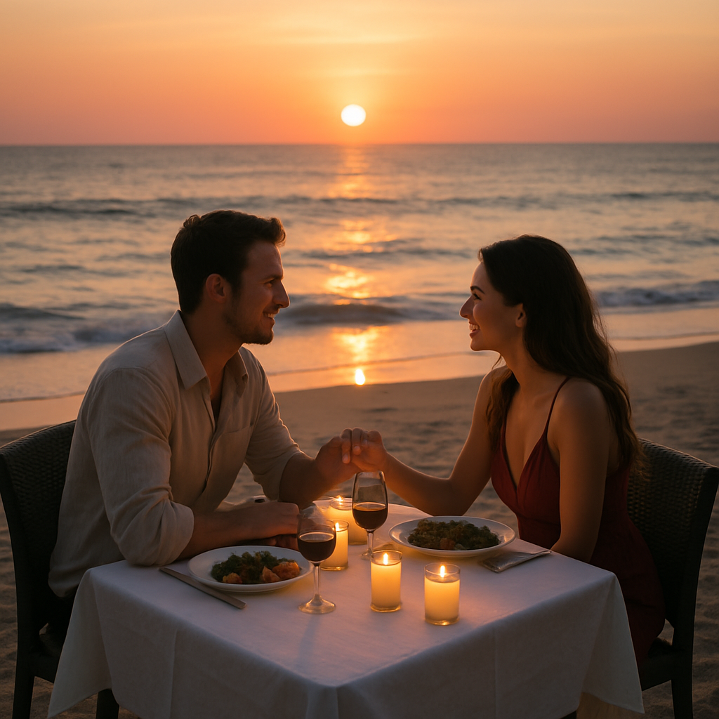 A couple enjoying a romantic dinner on the beach at sunset