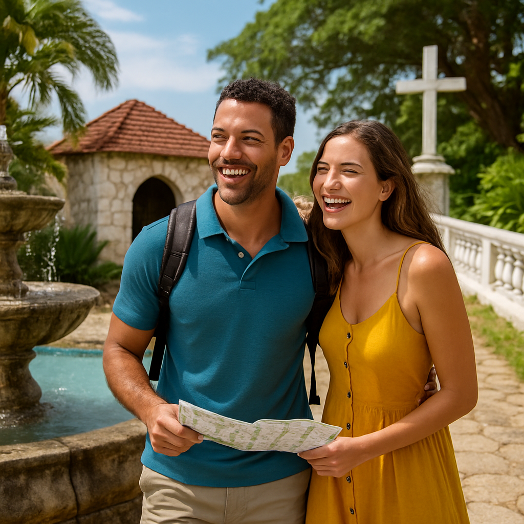 A couple exploring local attractions near Sandals Montego Bay with smiles on their faces