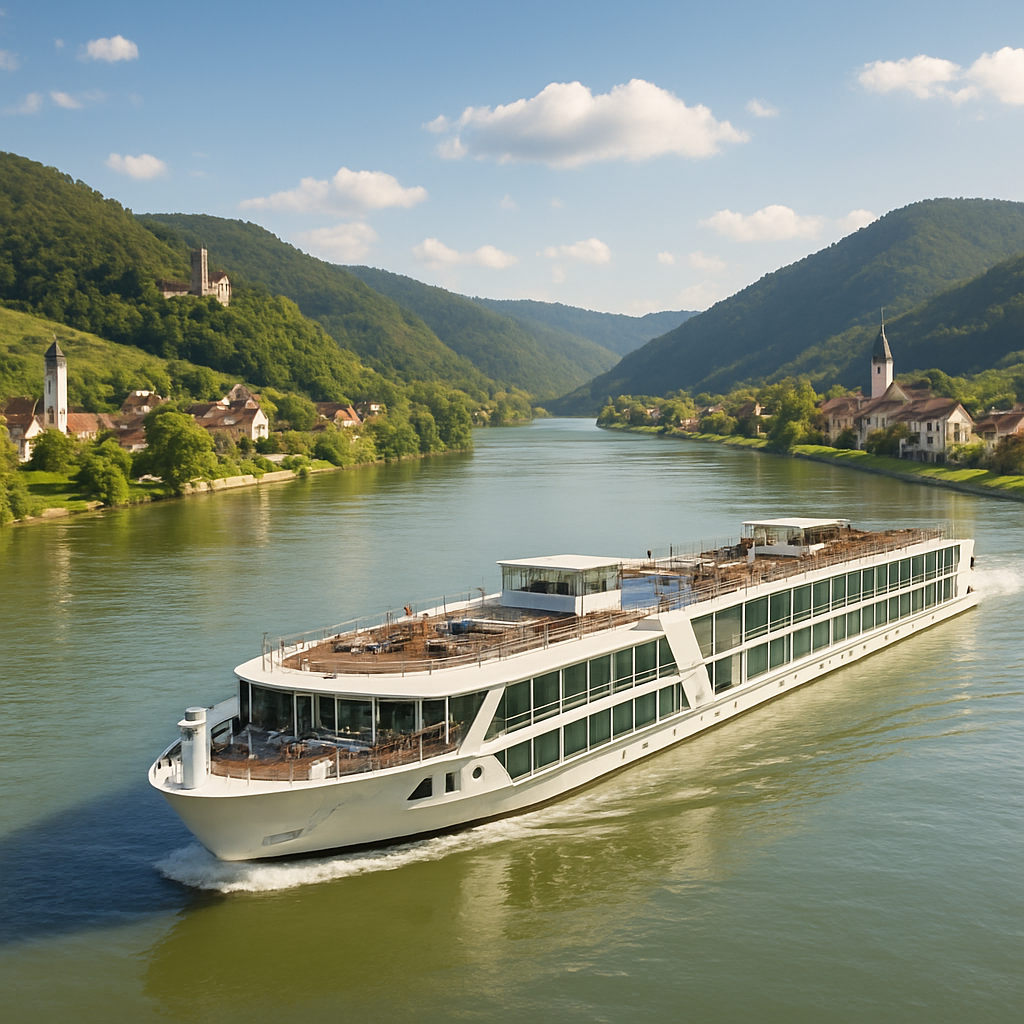 A scenic view of a luxury river cruise ship sailing through picturesque European landscapes with charming villages along the banks